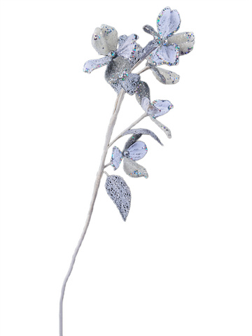 Веточка с листьями кизила с серебром 72см ChristmasDeLuxe белая