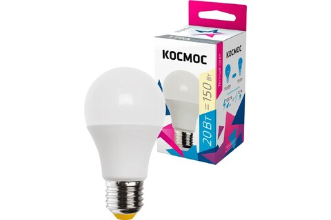 Лампа светодиодная Космос  LkecLED20wA60E2730 цоколь E27, груша А60, 20Вт =150Вт, теплый 3000k, световой поток 1800лм, 220 вольт - купить в компании MAKtorg