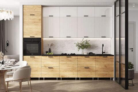 ЛДСП Кухня Рио NEW 3,0/1080м (490) Компановка №3 (Белый глянец/Дуб Крафт, Дуб Крафт (Кастилло темный))