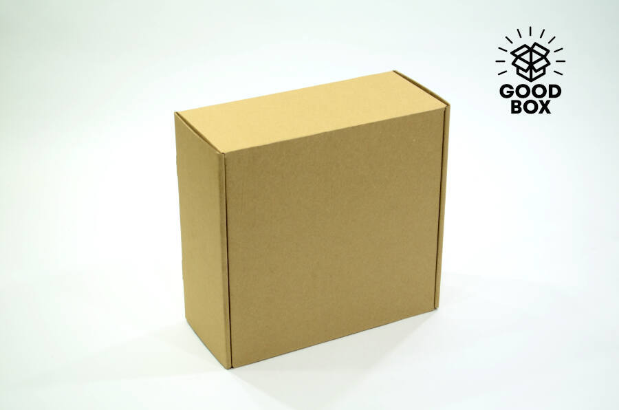 Картонная коробка с откидной крышкой, с замком и самосборным дном ласточкин хвост