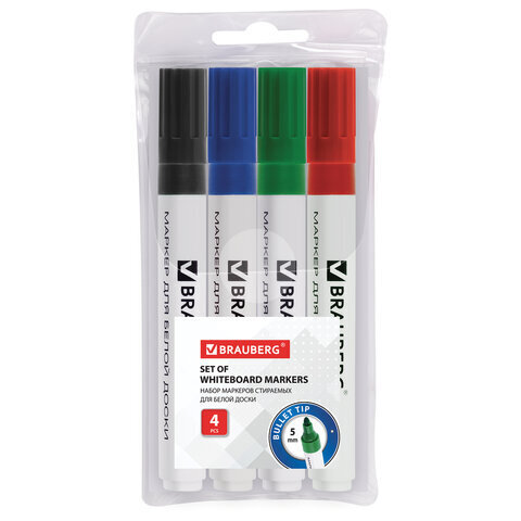 Маркеры для белой доски BRAUBERG, набор 4 цвета, 5 мм