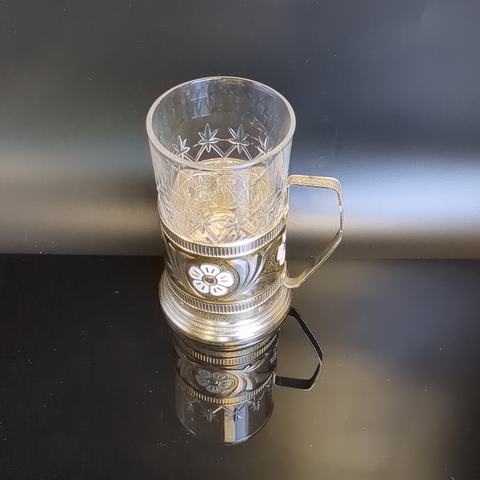 Подстаканник "Ромашки" с хрустальным стаканом, алюминий, винтаж СССР