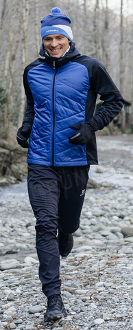 Премиальный костюм для лыж и зимнего бега Nordski Hybrid Hood Black/Blue