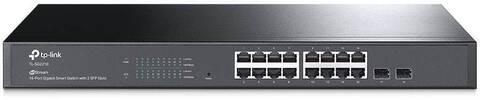 TP-Link SG2218, JetStream Smart коммутатор на 16 гиг. портов и 2 гигабитных uplink-порта, 16 портов RJ-45 10/100/1000 Мбит/с, 2 гигабитных SFP-слота, функции L2/L2+, возможность монтажа в стойку