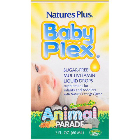 Nature's Plus, Source of Life, Animal Parade, Baby Plex, жидкие мультивитаминные капли без сахара, с натуральным вкусом апельсина, 2 жидкие унции (60 мл)