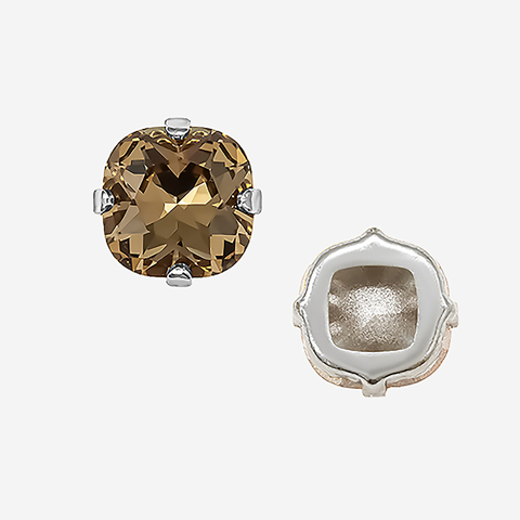 Кристалл Кушон (Сushion) в цапах, оттенок "Светло-дымчатый Топаз"/"Light Smoked Topaz", 9,2мм, родирование