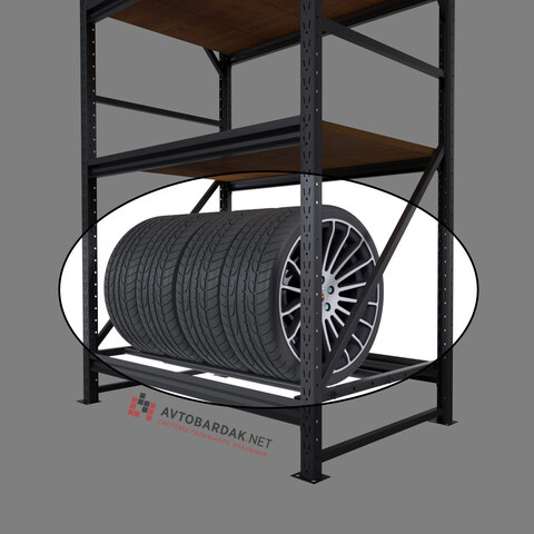 Полка для колес в стеллаж с деревянными полками