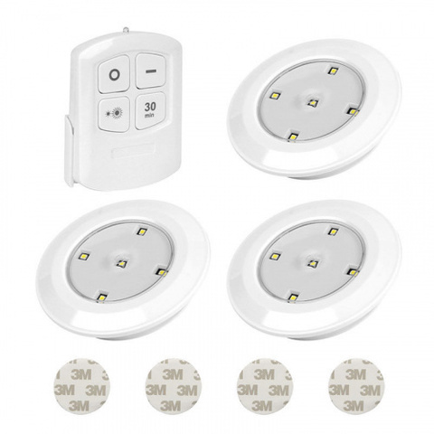 Светодиодный светильник-кнопка (комплект 3 шт.) с пультом, белый