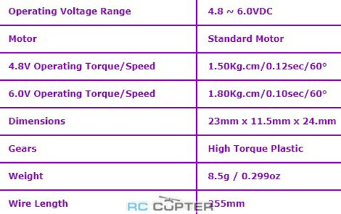 Сервопривод EMAX ES08A (1.5-1.8 кг/см, 0.12-0.10 сек/60°, 8.5г)