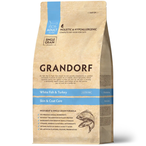 GRANDORF Белая рыба с индейкой Для взрослых кошек с чувствительной кожей и шерстью
