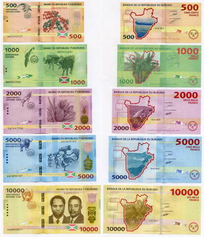 Набор из 5 банкнот Бурунди (500, 1000, 2000, 5000 и 10000 франков) 2016 год. UNC. Реальные номера