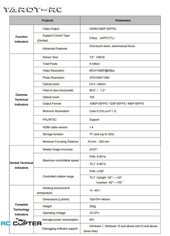 Камера Tarot 10X-Pro, 10X zoom, HDMI Output 1080P, с трёхосевым подвесом