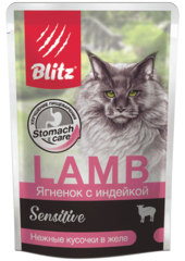 Влажный корм для кошек Blitz Sensitive Lamb & Turkey in Jelly Adult Cat All Breeds ягнёнок с индейкой, 85 гр. В комплекте 24 шт