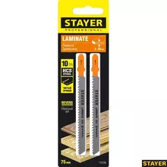 STAYER T101BR, 2 шт, 75 мм / 2.5 мм, T-хвост., HCS сталь, обратный рез по ламинату/фанере, полотна для лобзика, Professional (15991-2.5)