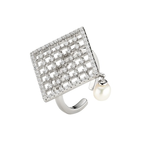 Amulet Ring with Pearls, Rhodium, Cubic Zircons