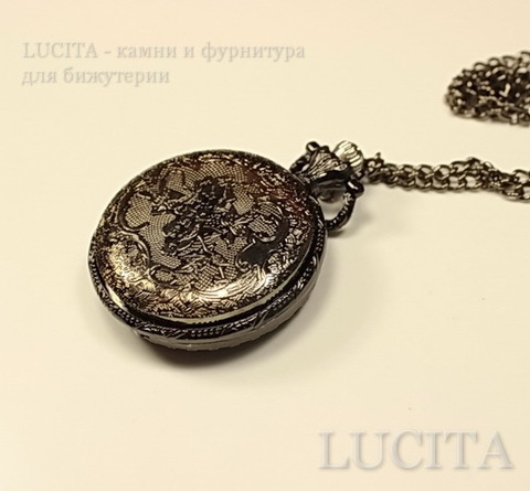 Часы на цепочке "Паутинка" (цвет - черный никель) 55х40х14 мм
