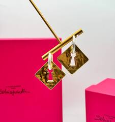 73175 - Серьги c подвесками квадраты двухцветные в стиле Schiaparelli матовое золото