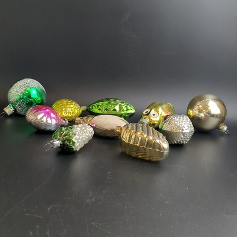 Ёлочные игрушки набор из 10 разных филин, клубника, мадальоны и др, стекло, роспись, узоры, подвесные, винтаж СССР 1960-1990 гг