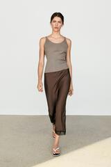 Massimo Dutti Юбка миди с кружевной отделкой, коричневый