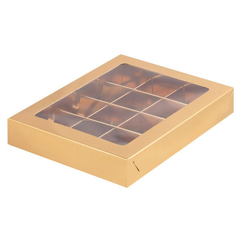 Коробка для конфет с вклеенным окном 190х150х30 (12 ячеек) (золото)