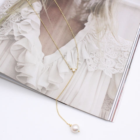 Цепочка-галстук Katya Dzhon gold с фианитом и жемчугом Касуми.