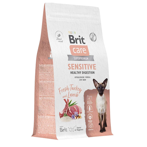 Корм Brit Care Sensitive Healthy Digestion с индейкой и ягненком для кошек с чувств.пищ.,1,5 кг