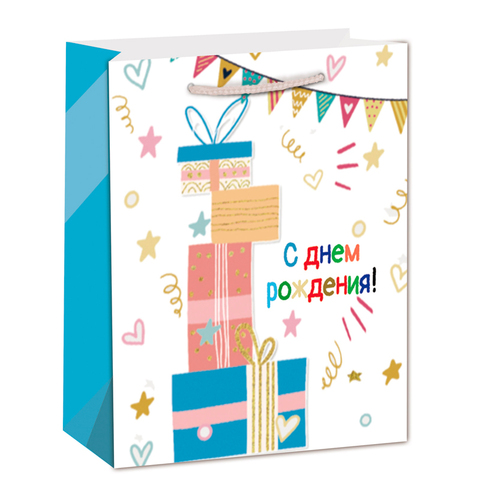 Пакет подарочный L вертикальный, С днем рождения, Подарки, конфетти, Белый, 31*42*12 см (Д*В*Ш)