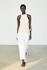 Massimo Dutti Комбинированное платье миди с горловиной халтер, натуральный/кремовый