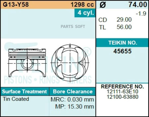 Поршень двигателя TEIKIN 45655 STD (4шт/упак)