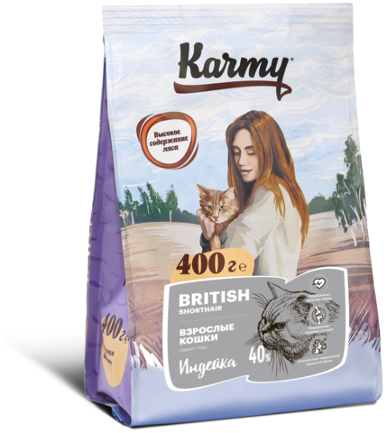 Сухой корм для кошек Karmy породы Британская короткошерстная, с индейкой 400 г