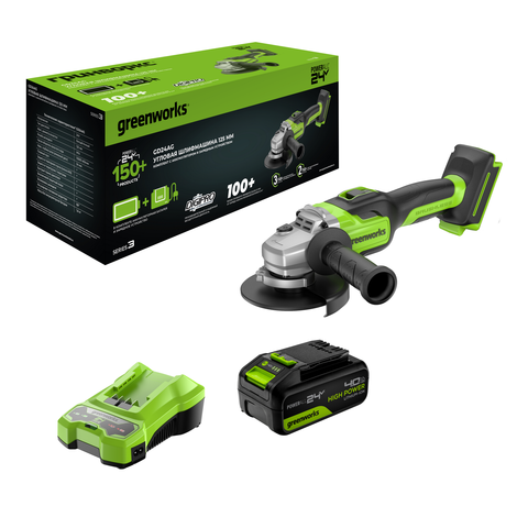 Угловая шлифовальная машина акк. Greenworks GD24AG, 24V, б/щет, 125 мм, 10500 об/мин,1x4Ач,быстрое ЗУ,кор (3200207CUB)