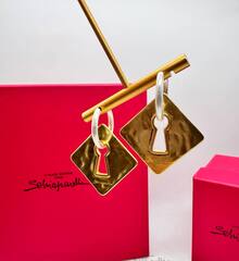 73175 - Серьги c подвесками квадраты двухцветные в стиле Schiaparelli матовое золото