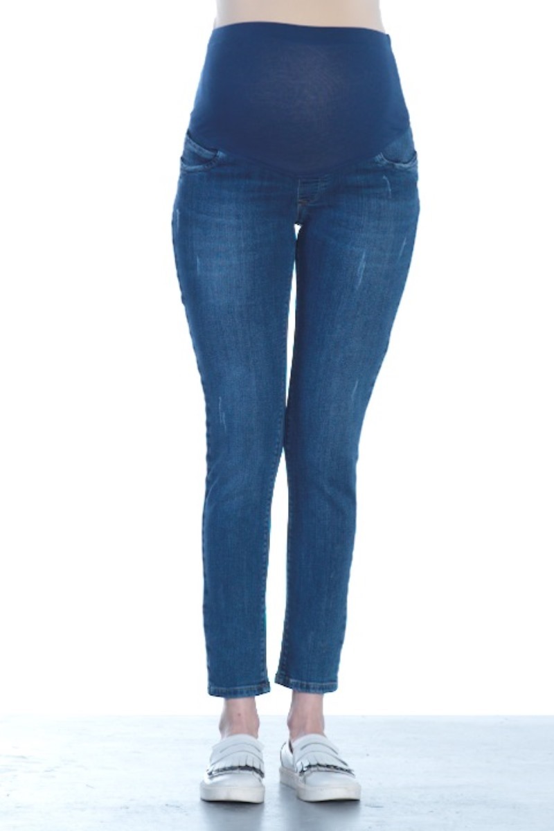 Фото джинсы для беременных EBRU, зауженные, укороченные, трикотажная вставка от магазина СкороМама, синий, размеры.