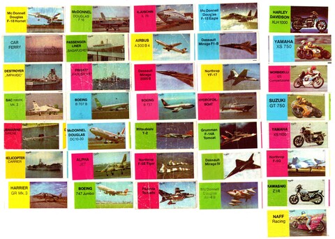 Набор из 36 вкладышей Mayfair самолеты, мотоциклы, корабли Мэйфэр Bubble