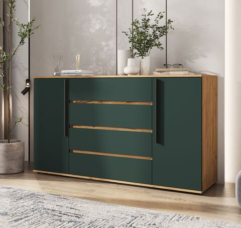 Норд Комод 2 двери 4 ящика (1600) (Изумрудный (КРОМКА ИЗУМРУД), Дуб Крафт)