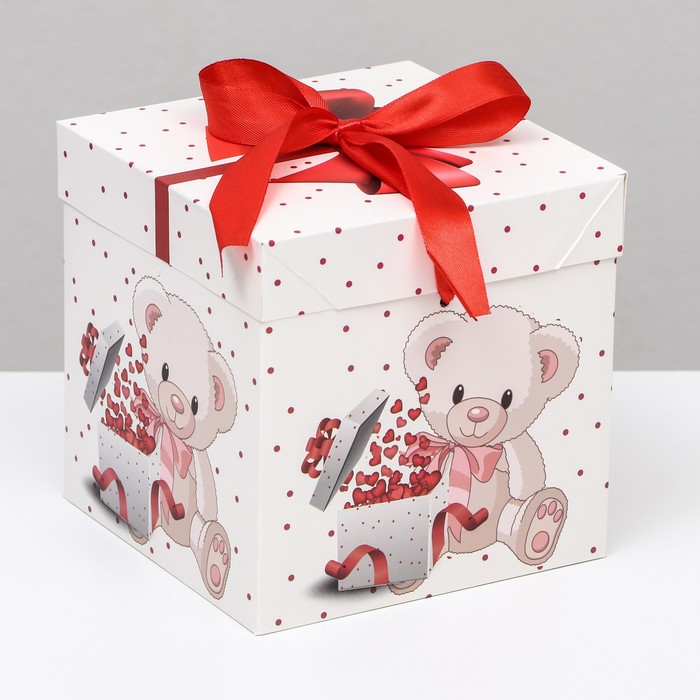 Коробка сборная одиночная Куб «Мишка с подарком», 15*15*15 см, 1 шт.