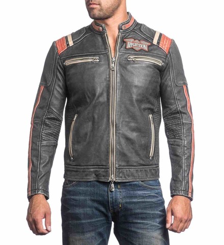 Affliction | Куртка кожаная мужская Speed Shop 110OW227 перед на модели