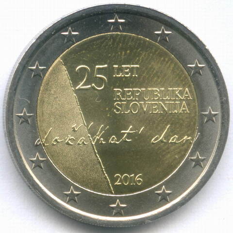 2 евро 2016 год. Словения. 25 лет Независимости. Биметалл AUNC