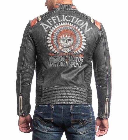 Affliction | Куртка кожаная мужская Speed Shop 110OW227 спина на модели
