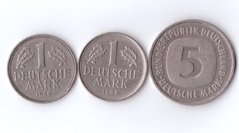 Набор из 3 монет ФРГ номиналом 1 и 5 марок (1950-1988гг).