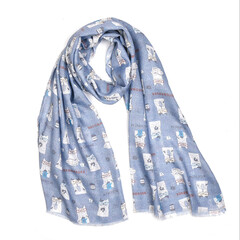 Японский женский палантин с кошачьим принтом ''NEKOMARUKE'', джинсовый синий, 24-7146-2, KUSUGURU