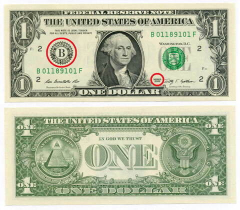 Банкнота США 1 доллар 2009 B (Нью-Йорк). UNС