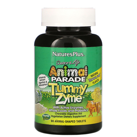 Nature's Plus, Source of Life, Animal Parade, детские жевательные конфеты Tummy Zyme с активными ферментами, натуральные продукты и пробиотики, с натуральным вкусом тропических фруктов, 90 видов животных