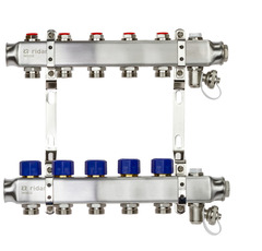 Коллектор распределительный Ридан SSM-5R set с кронштейнами, ручным воздухоотводчиком, сливным краном и торцевой заглушкой, 5 выходами