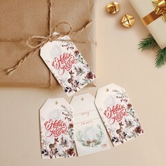 Шильдик, С Новым годом, Олень в лесу, Белый, 5*9 см, 10 шт.