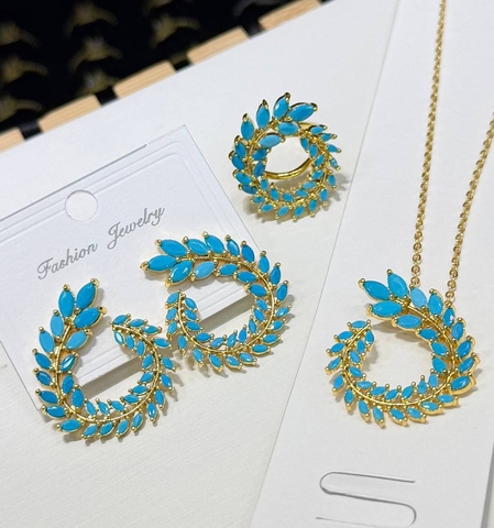 Комплект украшений колье+ серьги+ кольцо в стиле шопард с вставками под бирюзу