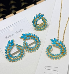 Комплект украшений колье+ серьги+ кольцо в стиле шопард с вставками под бирюзу