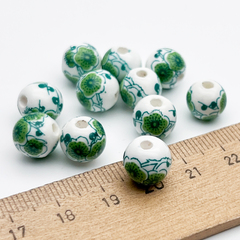 Бусины Шар с цветами, керамика, цвет зеленый, размер около 10 мм, цена за 1 шт