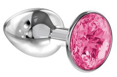 Серебристая анальная пробка Diamond Pink Sparkle Small с розовым кристаллом - 7 см.