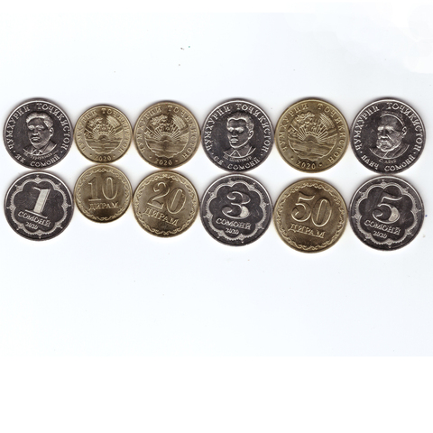 Годовой набор Таджикистана из 6 монет 2020 года. (10, 20, 50 дирам, 1, 3, 5 сомони)